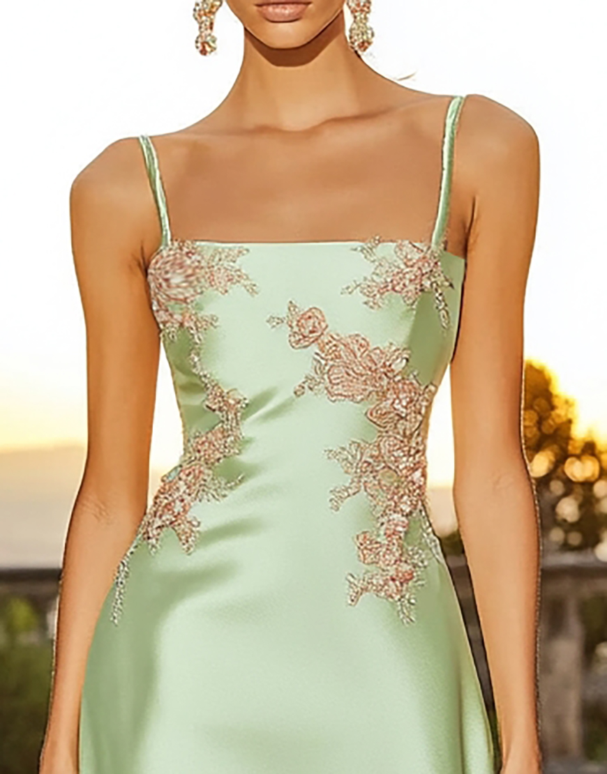 Sage Green Floral Satin Spaghetti Straps Short Cocktail Dress