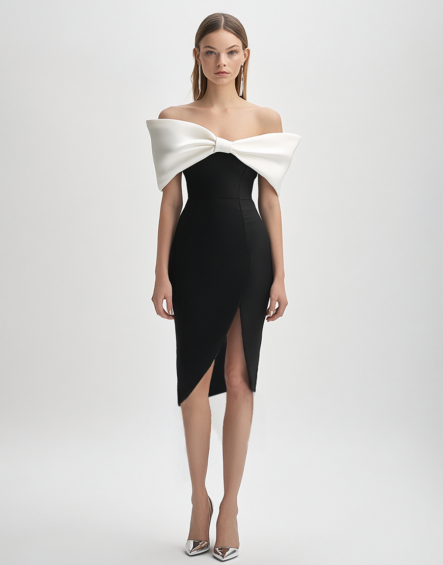 Black and White Strapless Tight Short Cocktail Dress with Bow