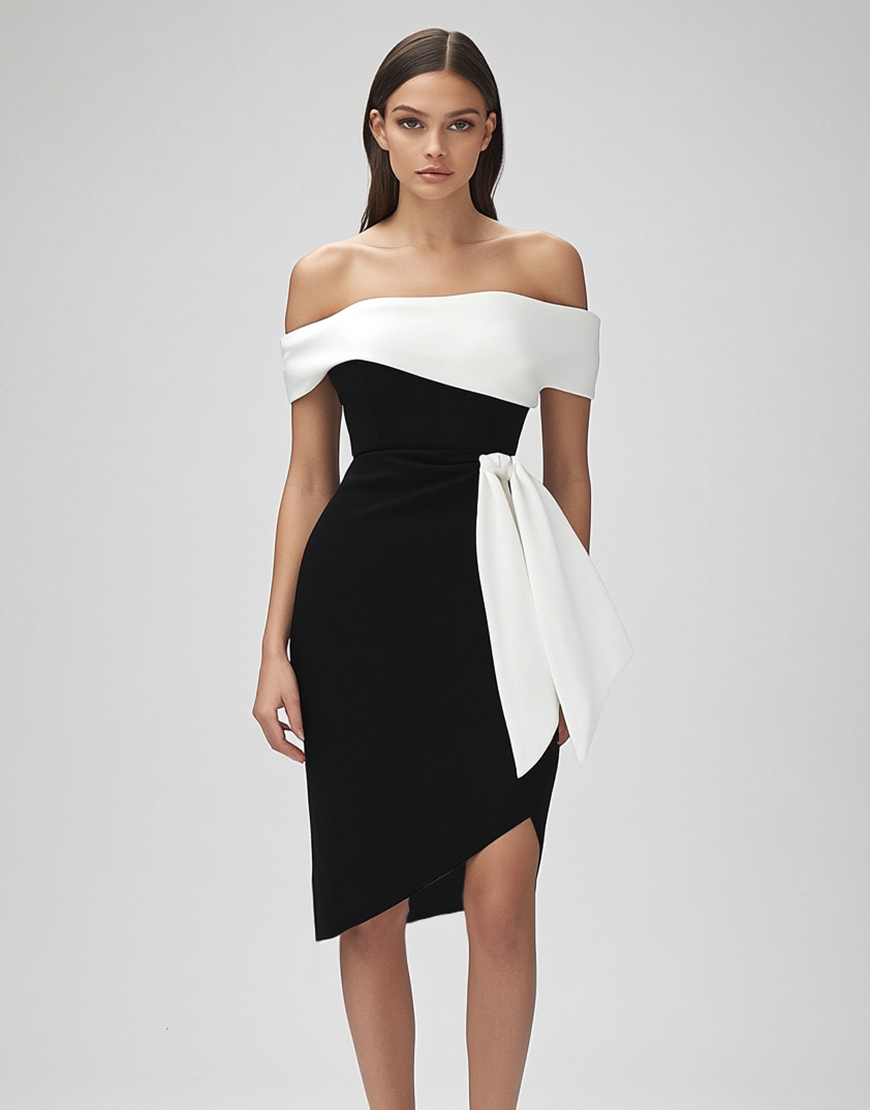 Black and White Patchwork Tight Short Cocktail Dress with Ruffles