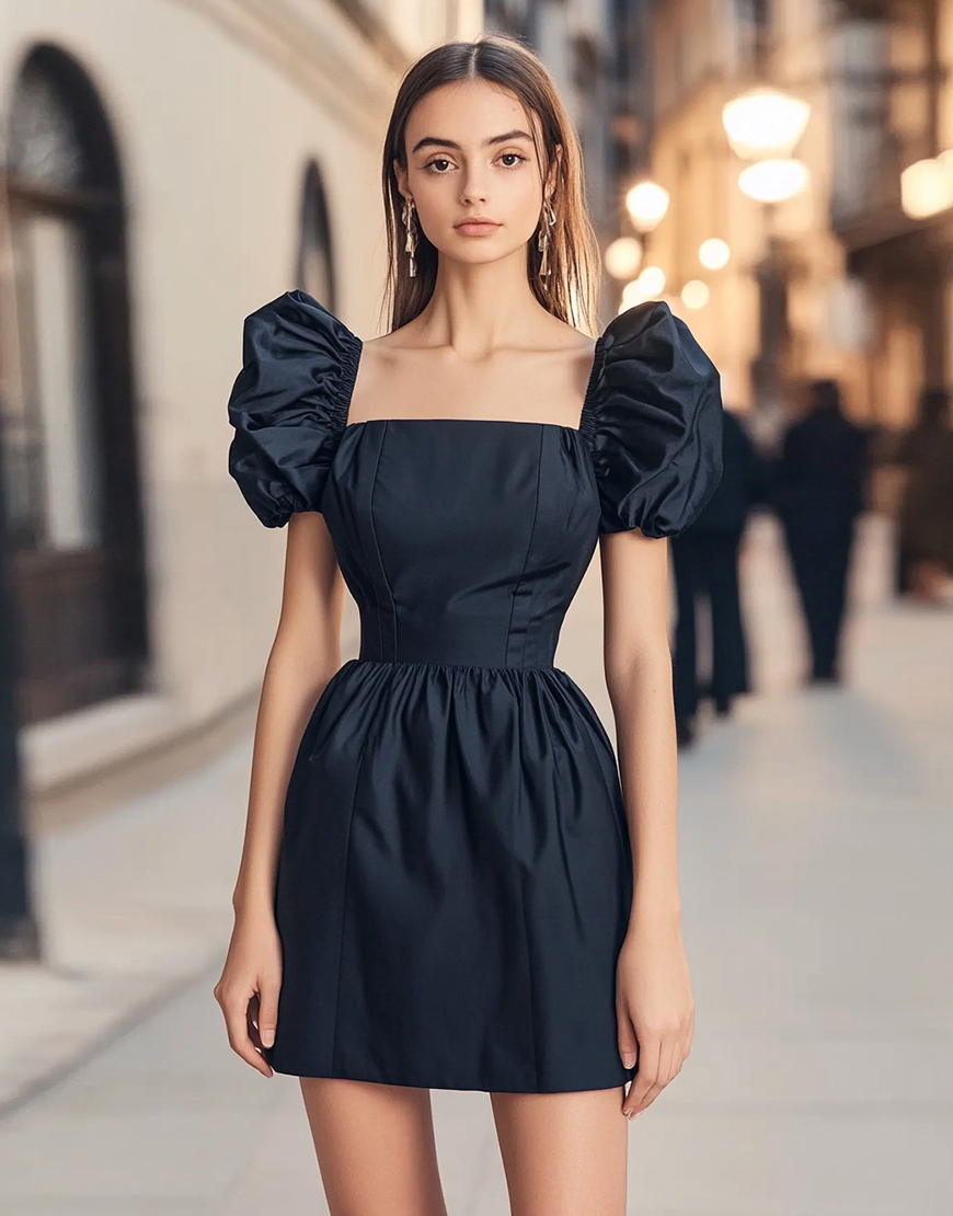 Navy A Line Puff Sleeves Square Neck Short Cocktail Dress
