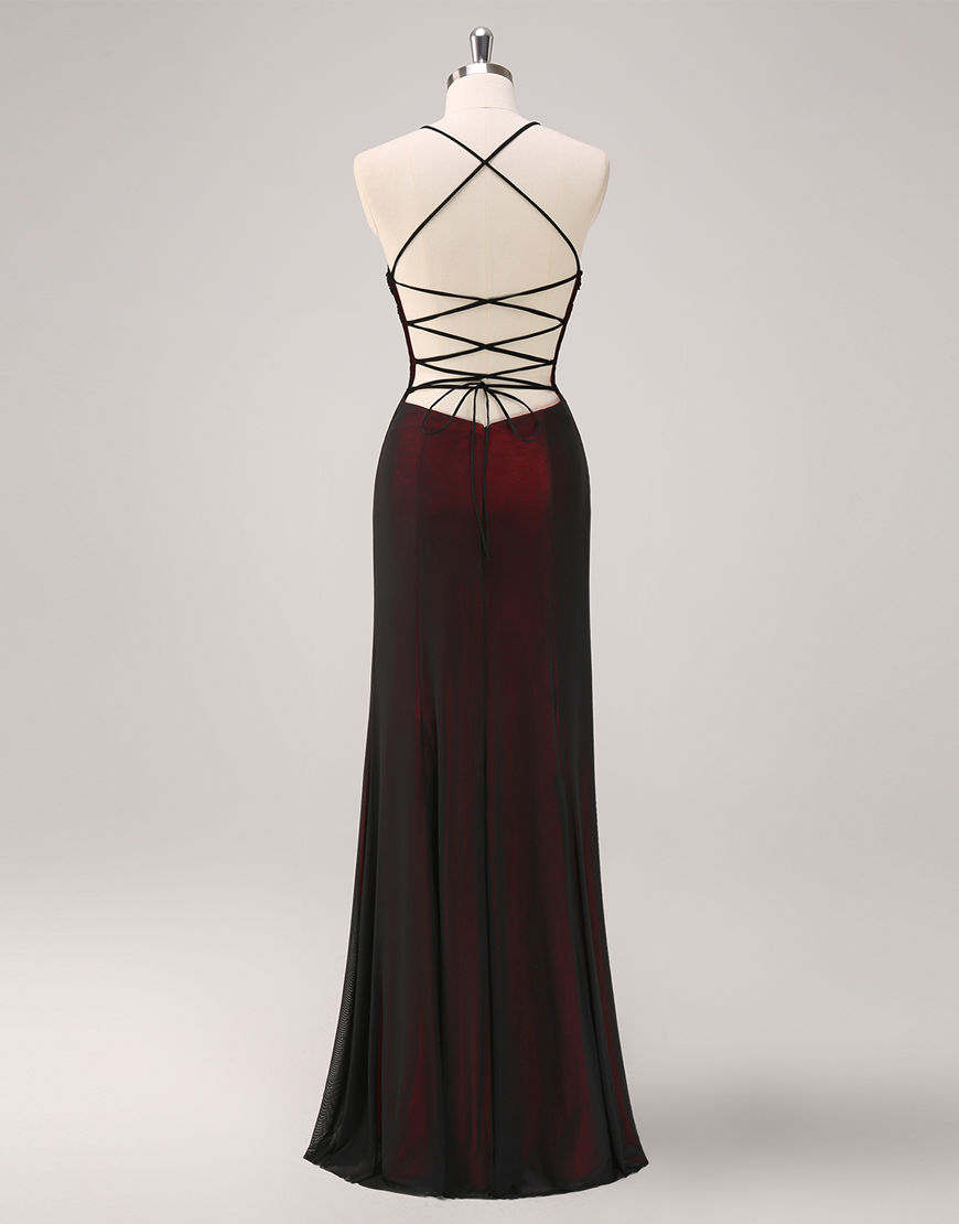 Sparkly Black Red Mermaid Criss Cross Back Long Prom Dress with Appliques