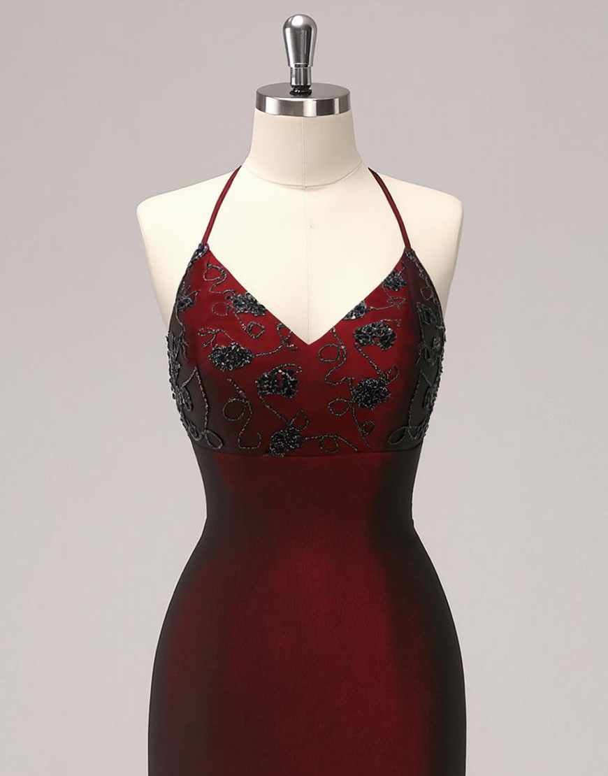 Sparkly Black Red Mermaid Criss Cross Back Long Prom Dress with Appliques