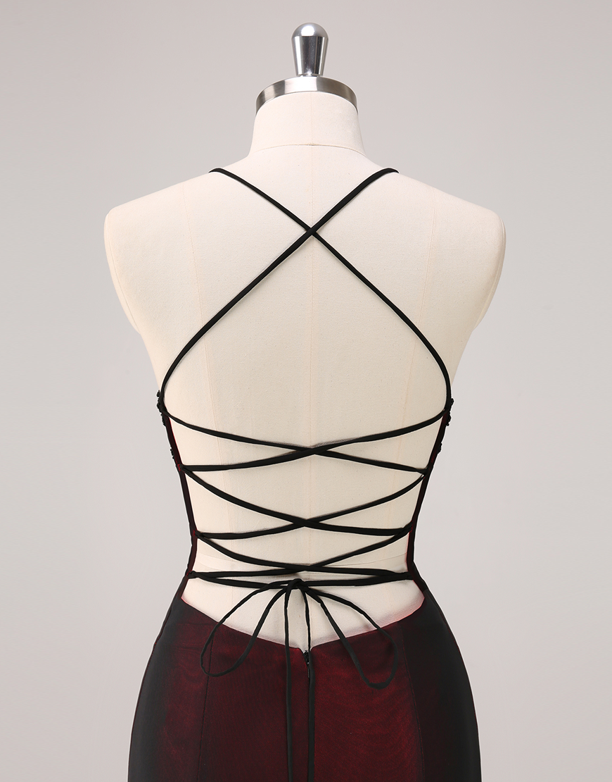 Sparkly Black Red Mermaid Criss Cross Back Long Prom Dress with Appliques