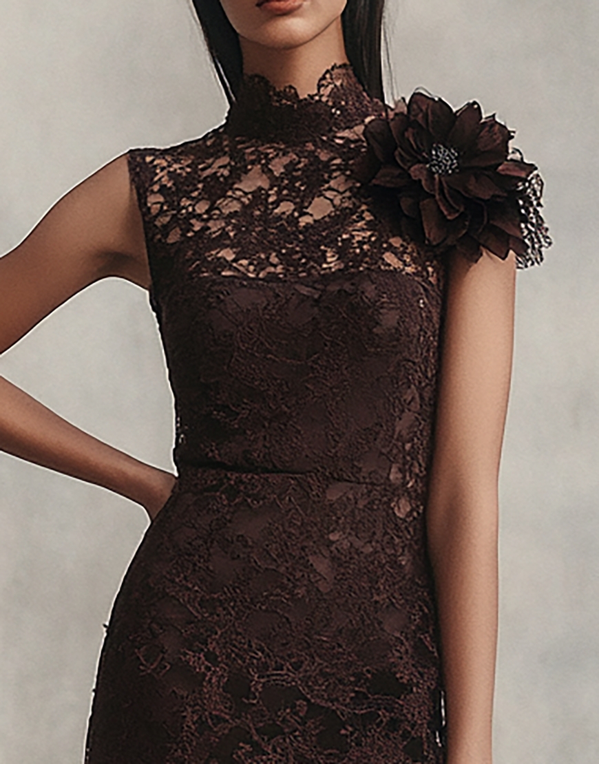 Coffee Lace High Neck Short Tight Homecoming Dress with 3D Flower