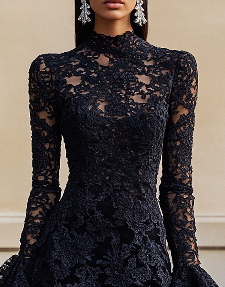 Black High Neck Lace Short Homecoming Dress with Sleeves