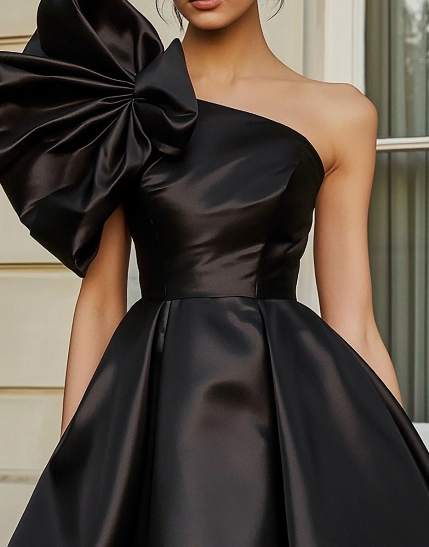 Black A Line Short Satin Homecoming Dress with Ruffles