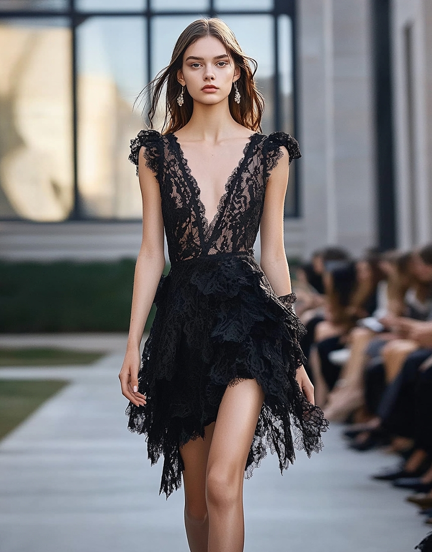 Black Lace Deep V-Neck Short Homecoming Dress with Ruffles