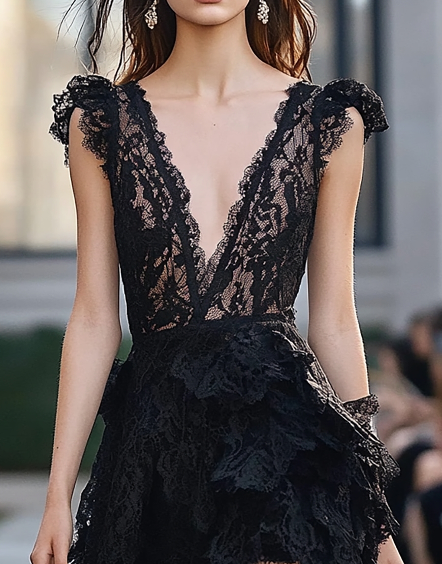 Black Lace Deep V-Neck Short Homecoming Dress with Ruffles