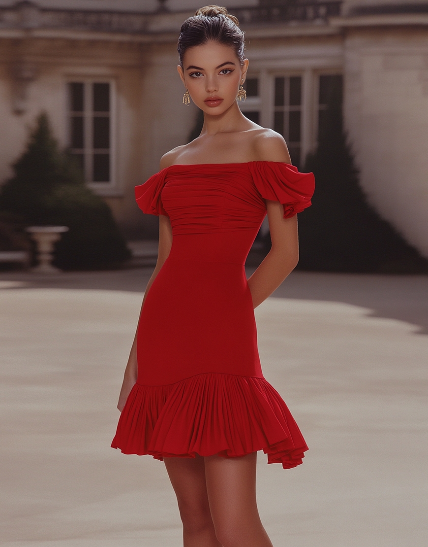 Red Tight Off the Shoulder Short Ruched Homecoming Dress with Ruffles