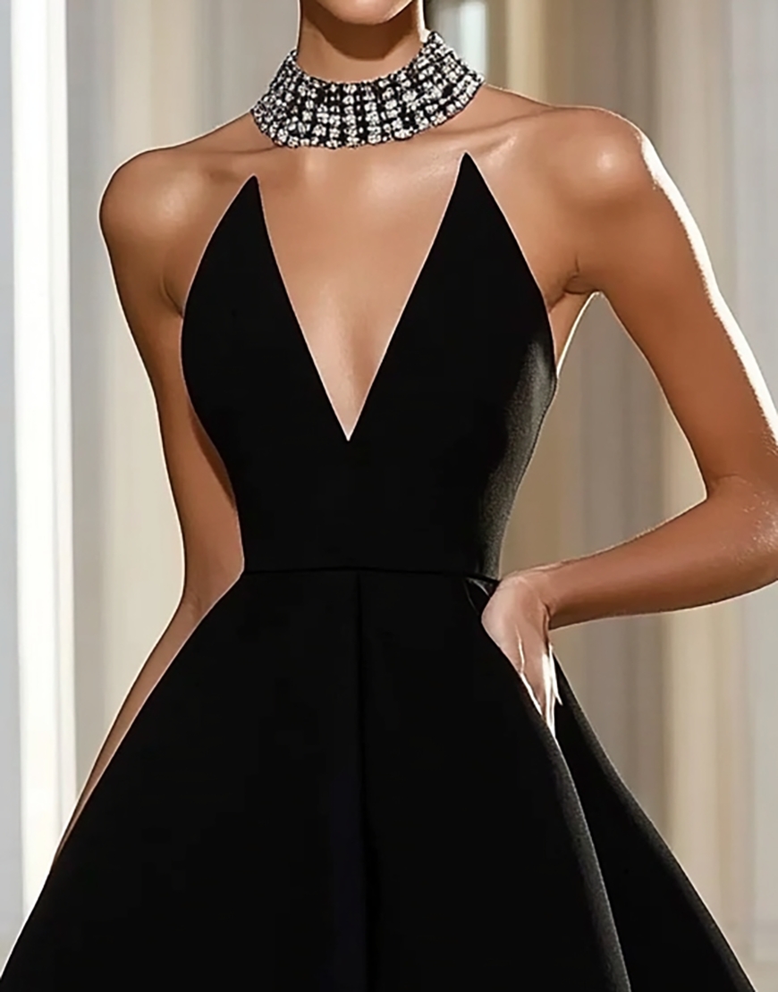 Simple Black A Line Short Satin Strapless Cocktail Dress