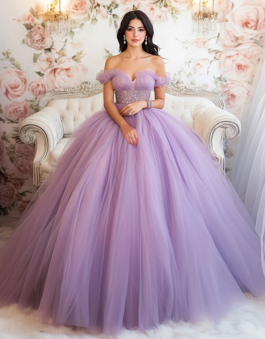 Sparkly Lilac Ball Gown Princess Tulle Quinceanera Dress with Ruffles