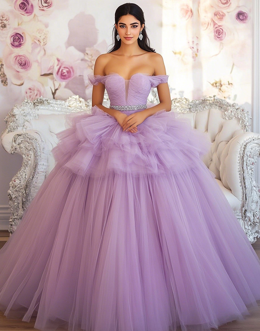 Lilac Ball Gown Princess Tiered Tulle Long Quinceanera Dress