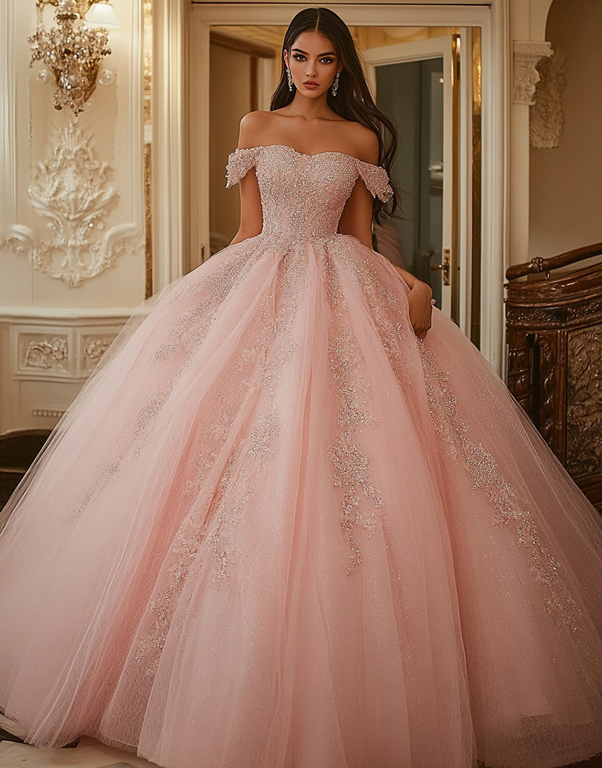 Sparkly Pink Ball Gown Princess Long Tulle Quinceanera Dress with Lace