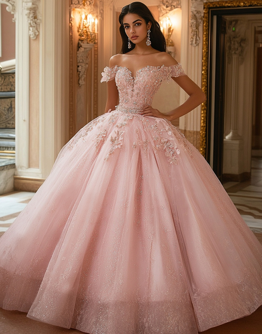 Sparkly Pink Ball Gown Long Tulle Quinceanera Dress with Lace