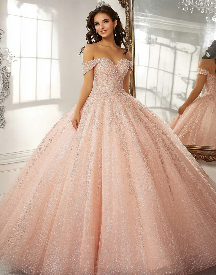 Sparkly Champagne Ball Gown Long Off the Shoulder Quinceanera Dress with Beading
