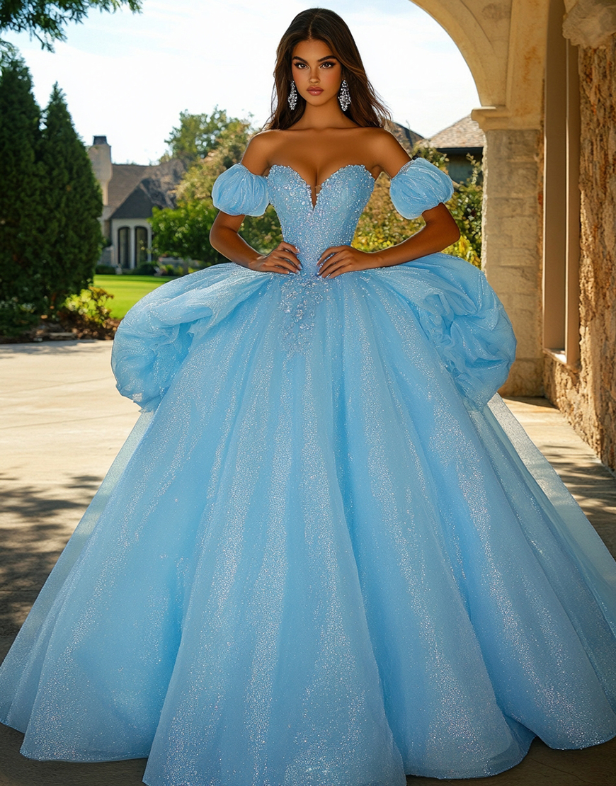 Sparkly Sky Blue Ball Gown Princess Ruffled Tulle Quinceanera Dress with Beading