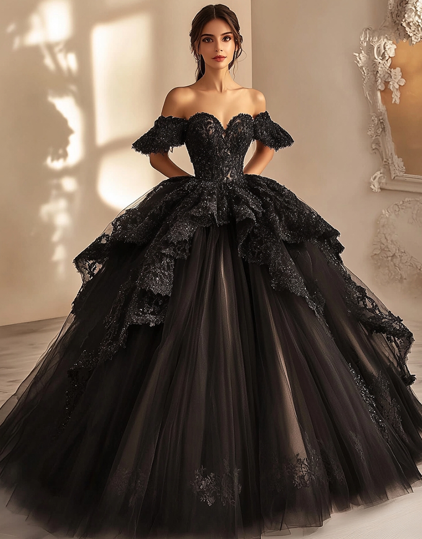 Black Ruffled Ball Gown Princess Long Quinceanera Dress with Appliques