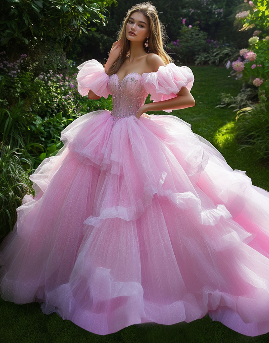 Pink Ball Gown Princess Tulle Ruffled Corset Quinceanera Dress with Beading