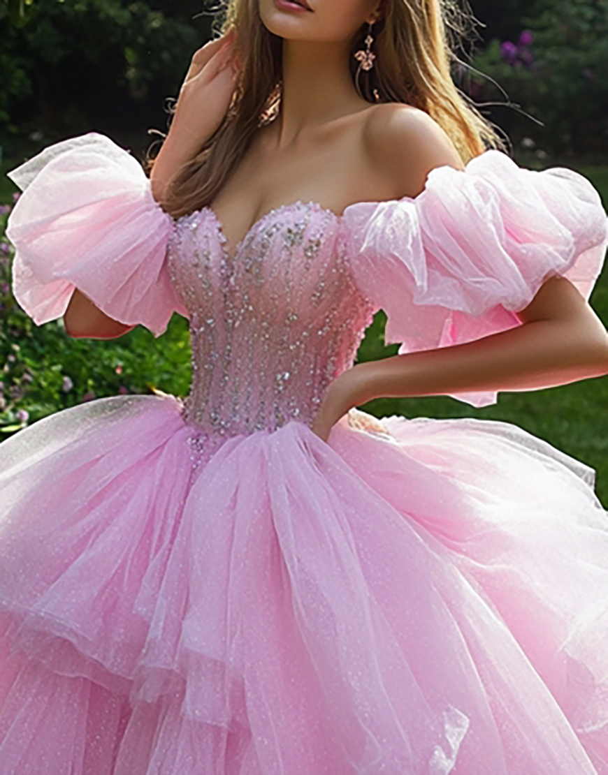 Pink Ball Gown Princess Tulle Ruffled Corset Quinceanera Dress with Beading