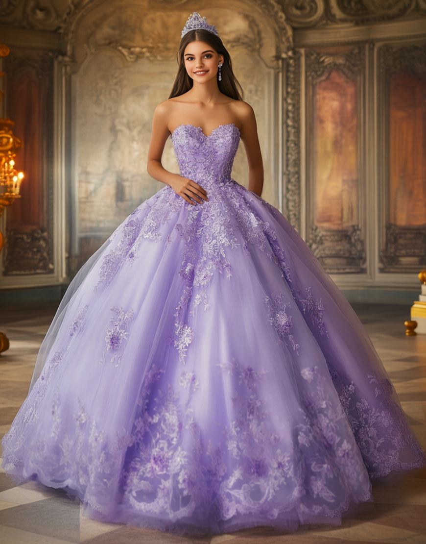 Lilac Ball Gown Sweetheart Long Princess Quinceanera Dress with Lace