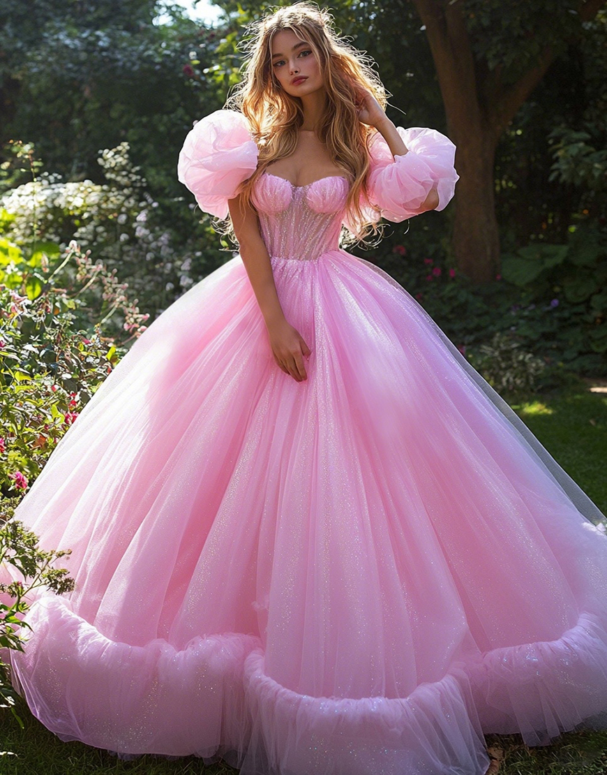 Sparkly Pink Ball Gown Princess Tulle Corset Long Quinceanera Dress with Sleeves