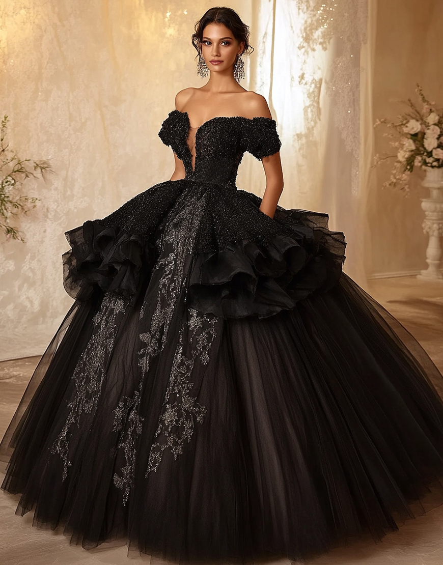 Sparkly Black Ball Gown Long Ruffled Princess Quinceanera Dress with Lace