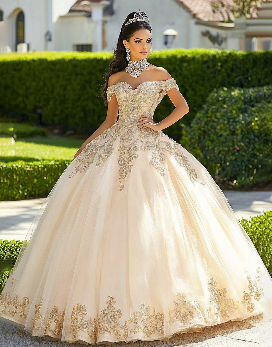 Champagne Off the Shoulder Princess Ball Gown Long Quinceanera Dress with Lace