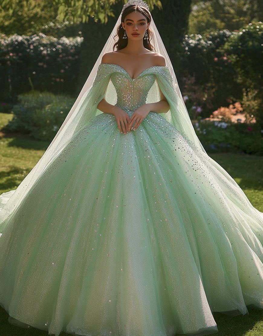 Sparkly Light Green Ball Gown Off the Shoulder Long Quinceanera Dress with Beading