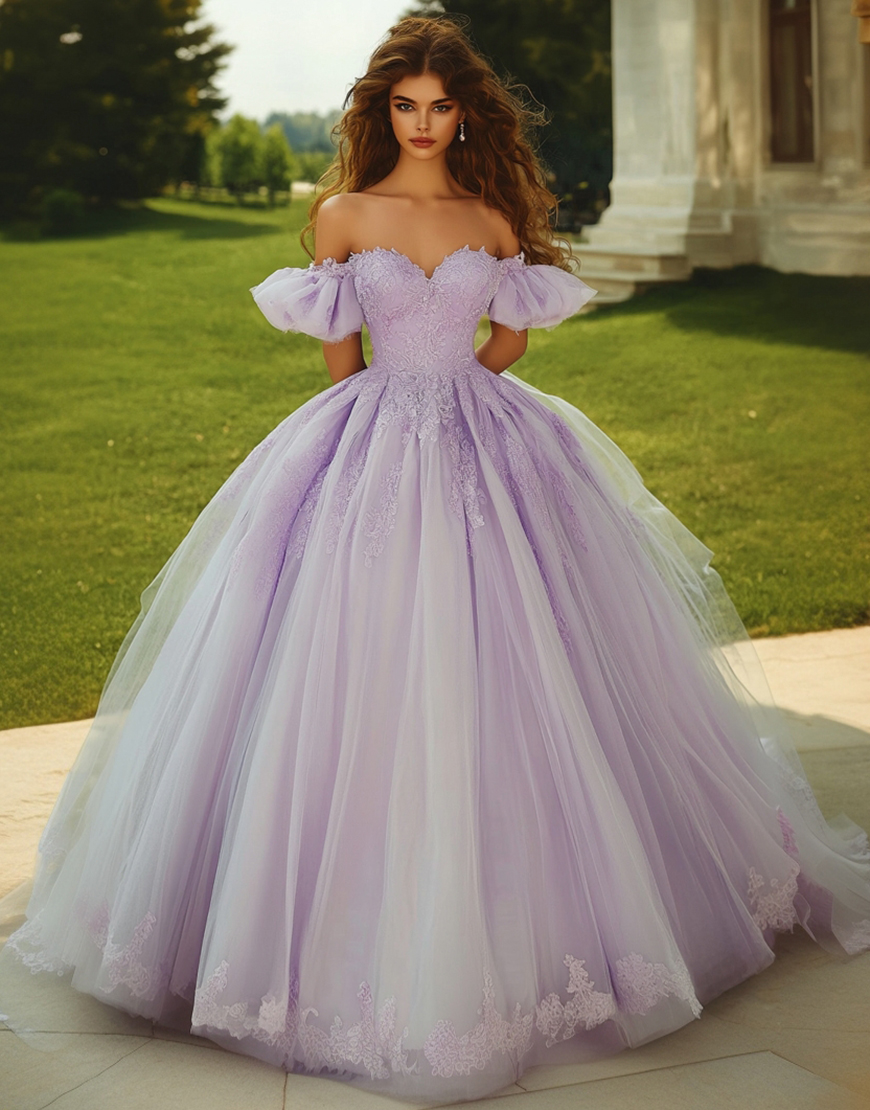 Lilac Ball Gown Tulle Long Quinceanera Dress with Ruffles