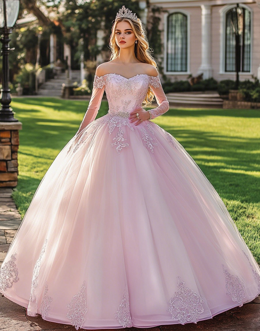 Pink Ball Gown Off the Shoulder Appliqued Long Quinceanera Dress with Sleeves