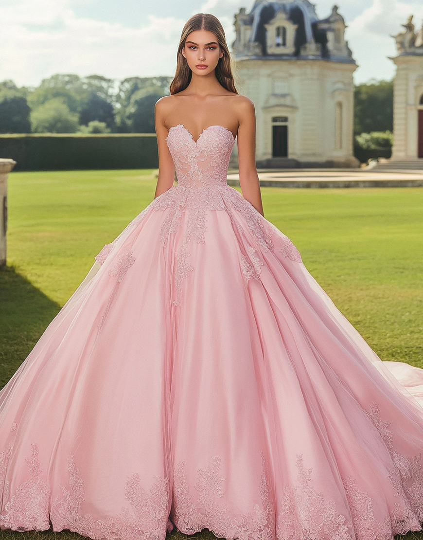 Pink Ball Gown Long Sweetheart Quinceanera Dress with Appliques
