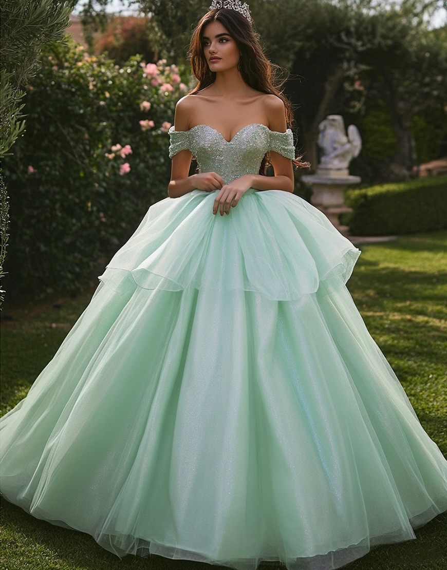 Sparkly Mint Green Ruffled Ball Gown Long Quinceanera Dress with Lace