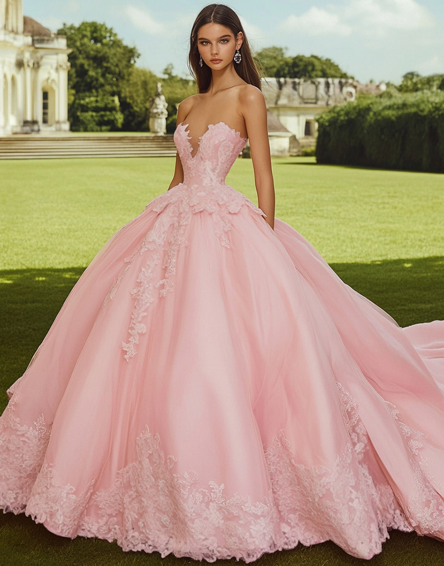Pink Strapless Princess Ball Gown Long Quinceanera Dress with Appliques