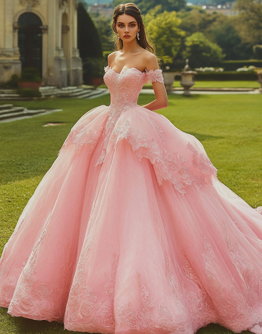 Pink Ball Gown Tulle Long Ruffled Quinceanera Dress with Appliques