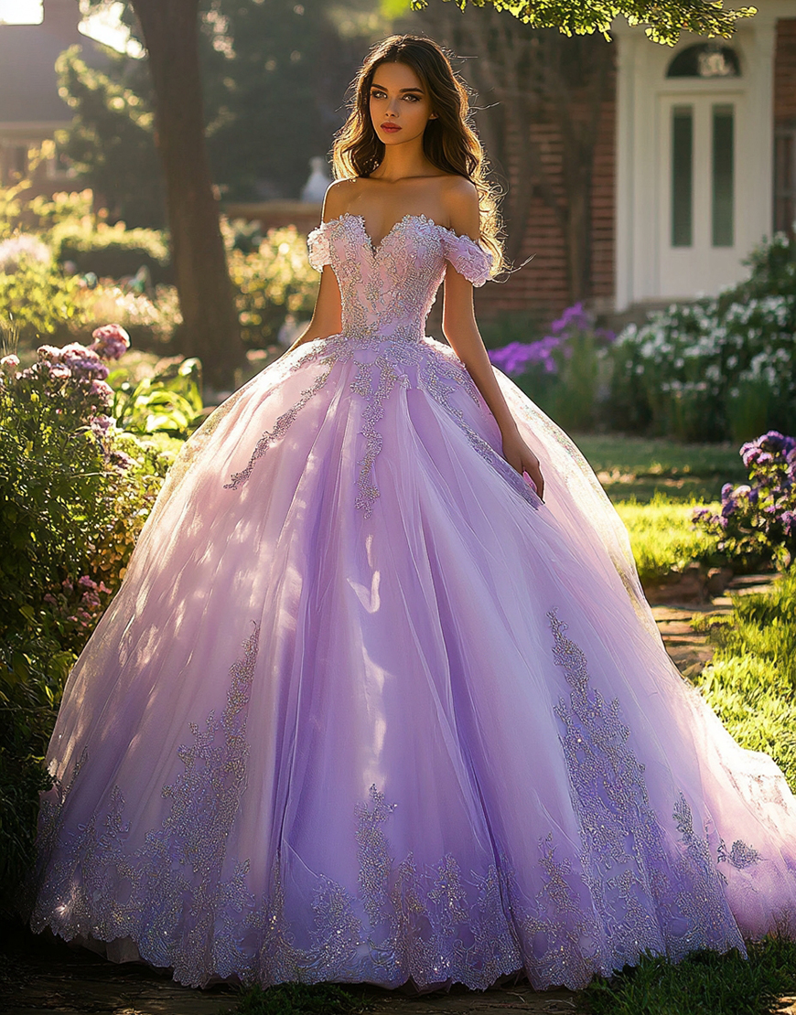 Lilac Tulle Ball Gown Off the Shoulder Long Quinceanera Dress with Appliques