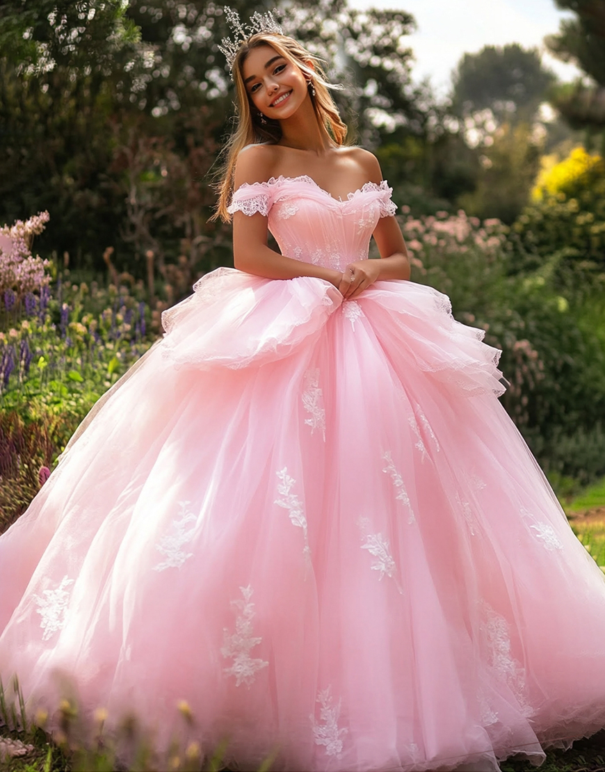 Pink Ball Gown Tulle Long Appliqued Quinceanera Dress with Ruffles