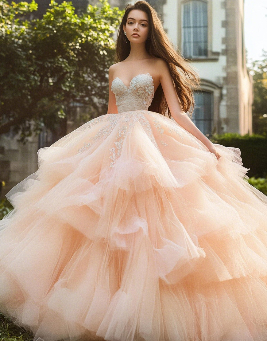 Champagne Ball Gown Sweetheart Tulle Tiered Quinceanera Dress with Lace