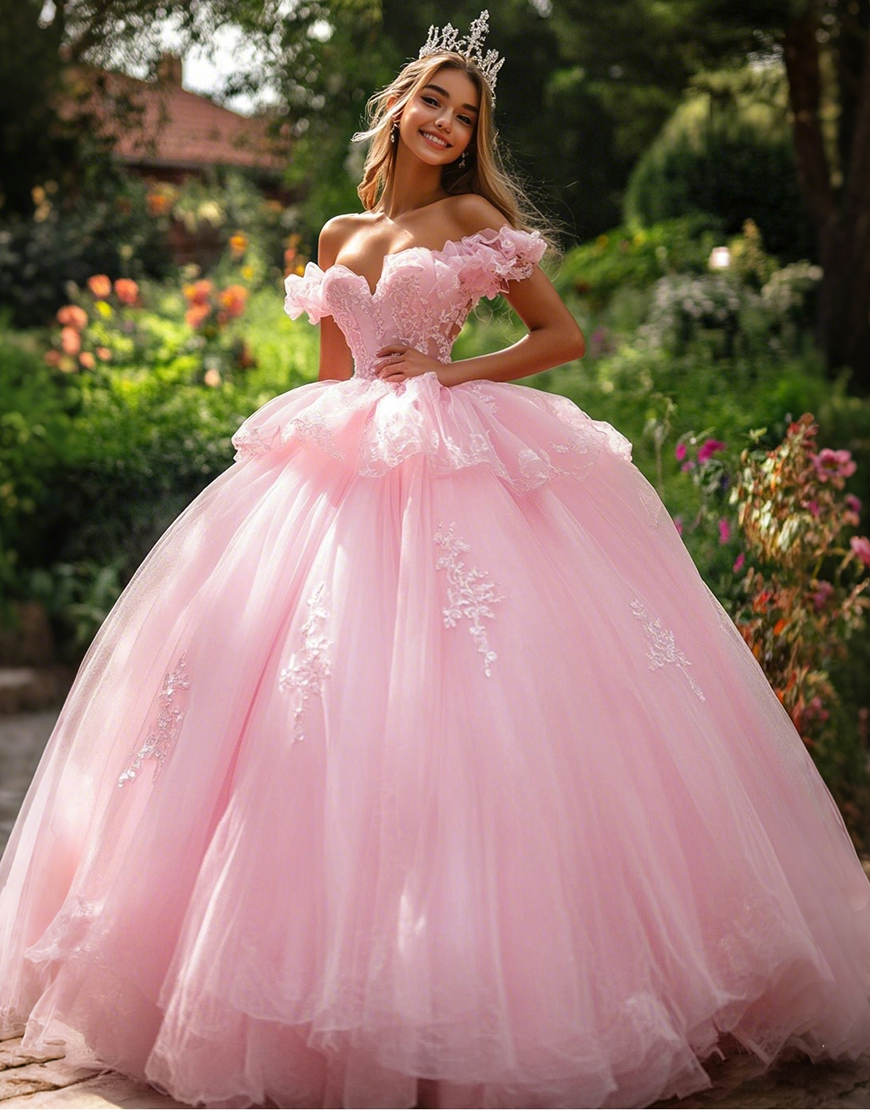 Pink Ball Gown Tulle Long Quinceanera Dress with Ruffles