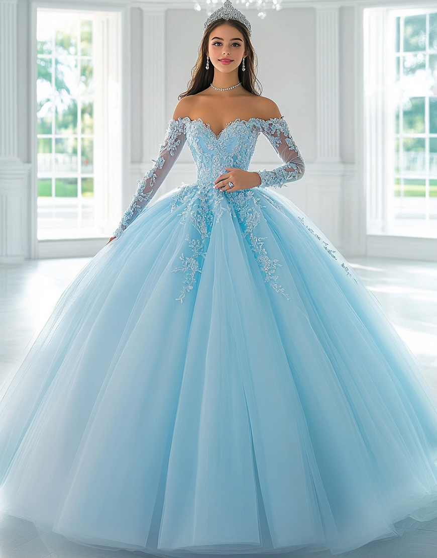Sky Blue Long Sleeves Ball Gown Quinceanera Dress with Lace