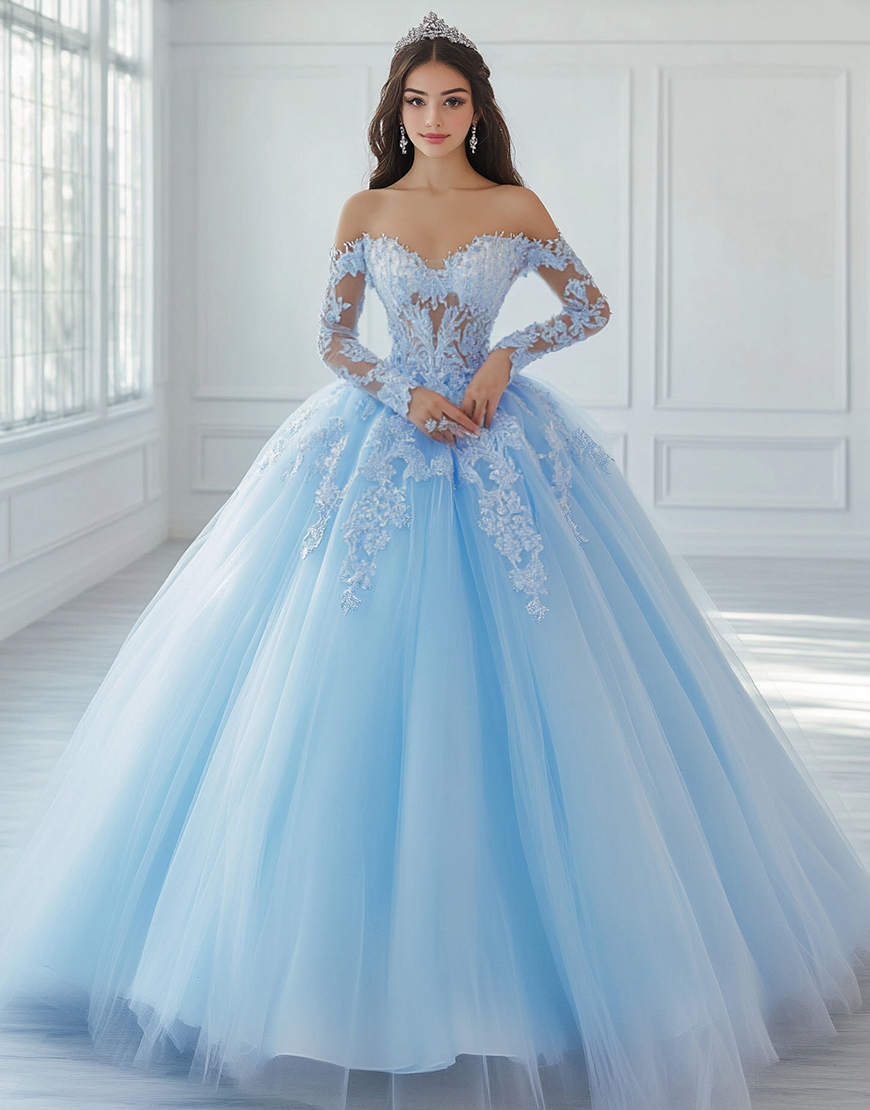 Sky Blue Long Sleeves Tulle Ball Gown Princess Quinceanera Dress with Lace