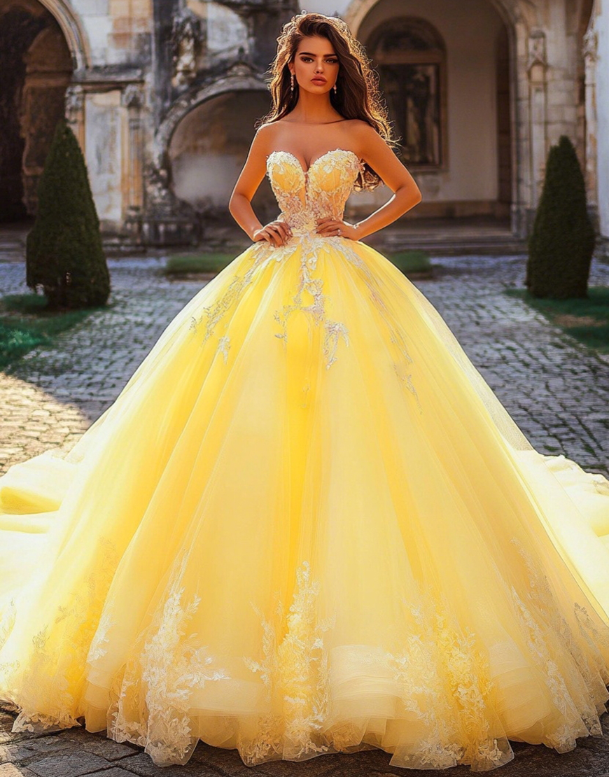 Yellow Tulle Strapless Ball Gown Princess Long Quinceanera Dress with Appliques