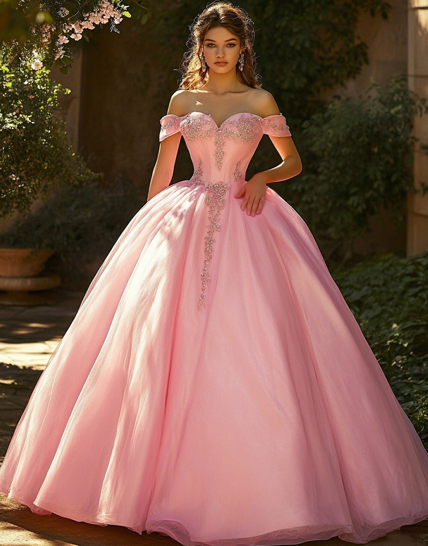 Pink Ball Gown Princess Long Tulle Quinceanera Dress with Appliques