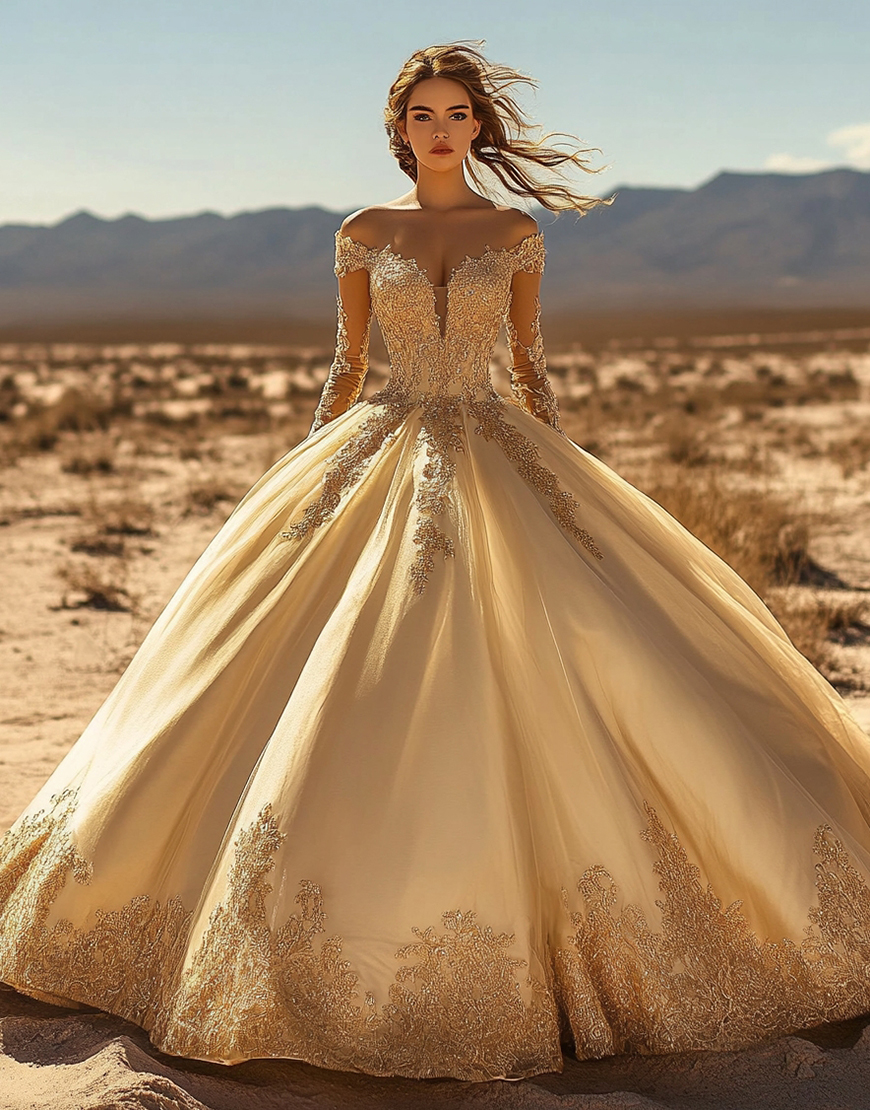 Gold Off the Shoulder Ball Gown Long Quinceanera Dress with Sleeves