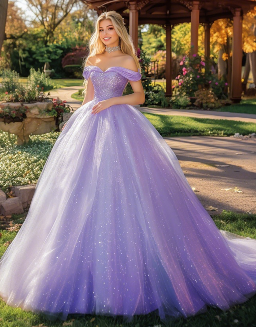 Sparkly Lilac Ball Gown Off the Shoulder Tulle Long Quinceanera Dress with Sequins