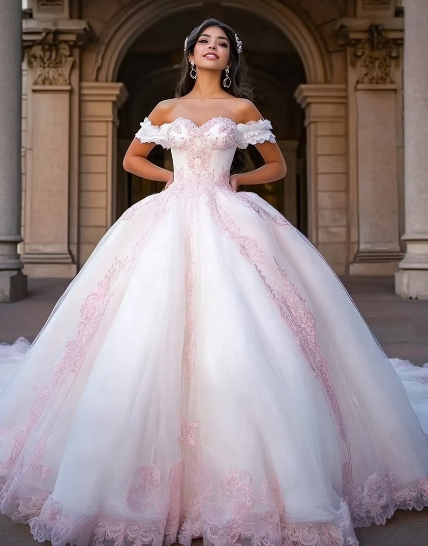 White and Pink Ball Gown Princess Tulle Long Quinceanera Dress with Appliques
