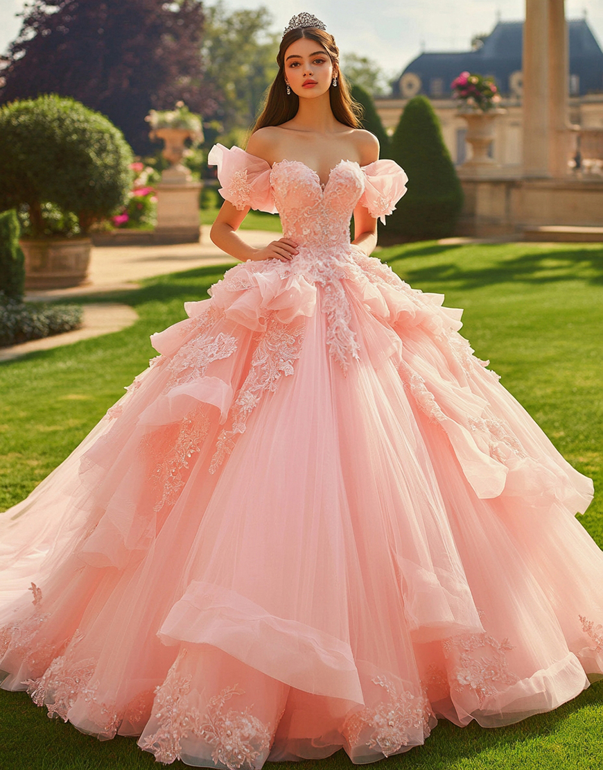 Pink Tulle Ball Gown Princess Long Quinceanera Dress with Ruffles