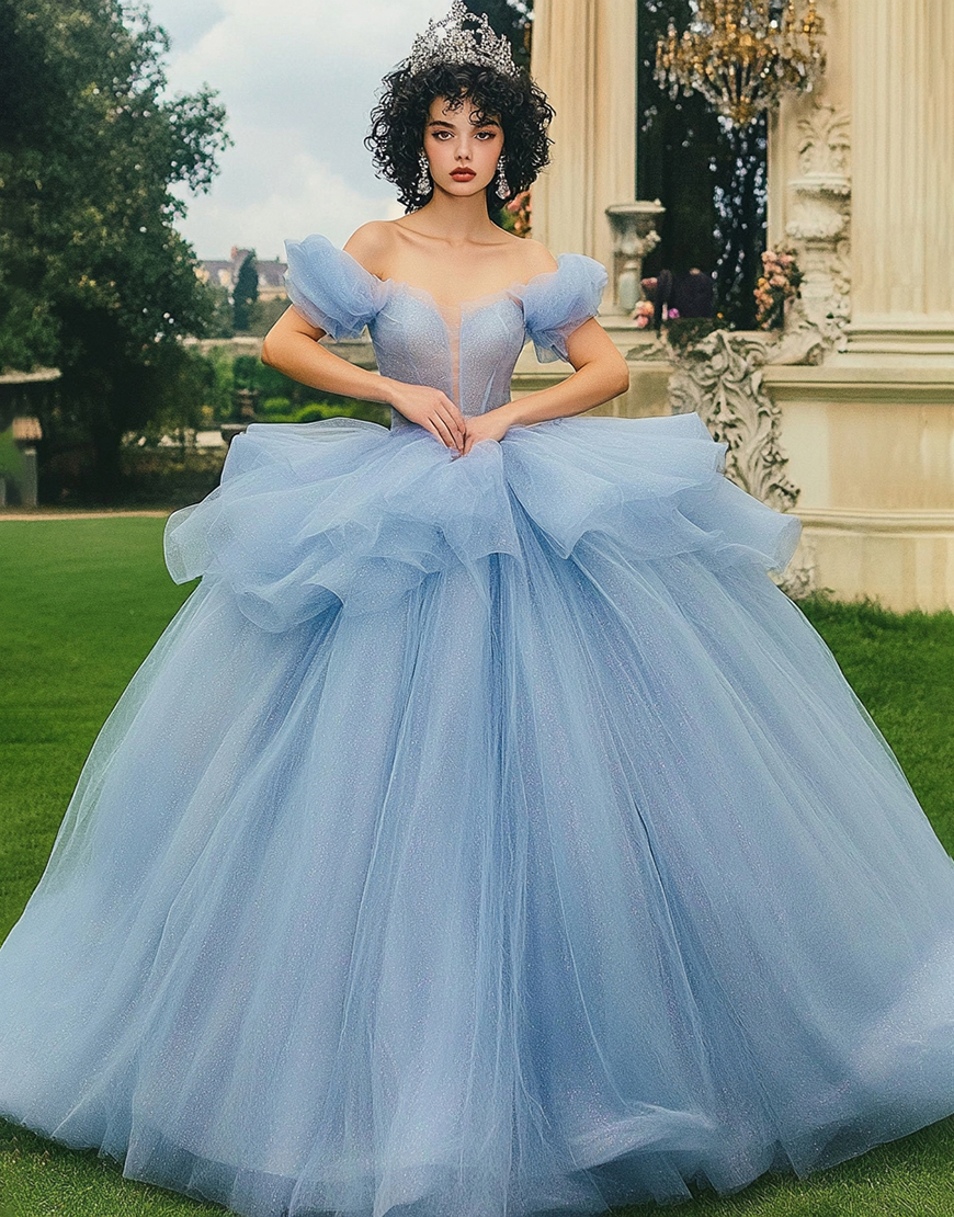Glitter Dusty Blue Ball Gown Long Off the Shoulder Quinceanera Dress with Ruffles