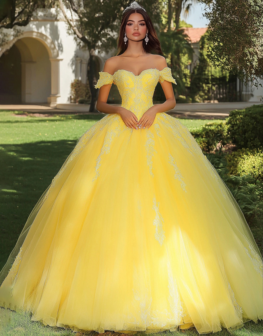 Yellow Tulle Ball Gown Off the Shoulder Long Quinceanera Dress with Lace