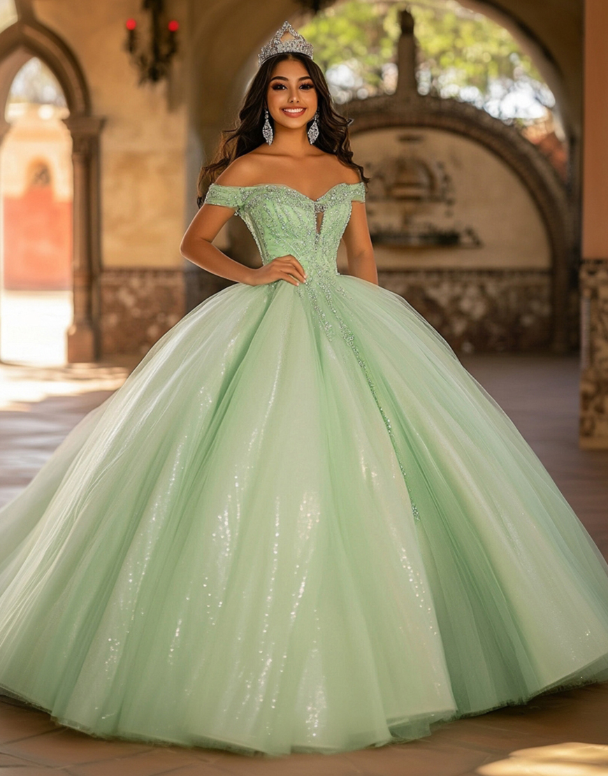 Glitter Light Tulle Green Ball Gown Long Quinceanera Dress with Appliques