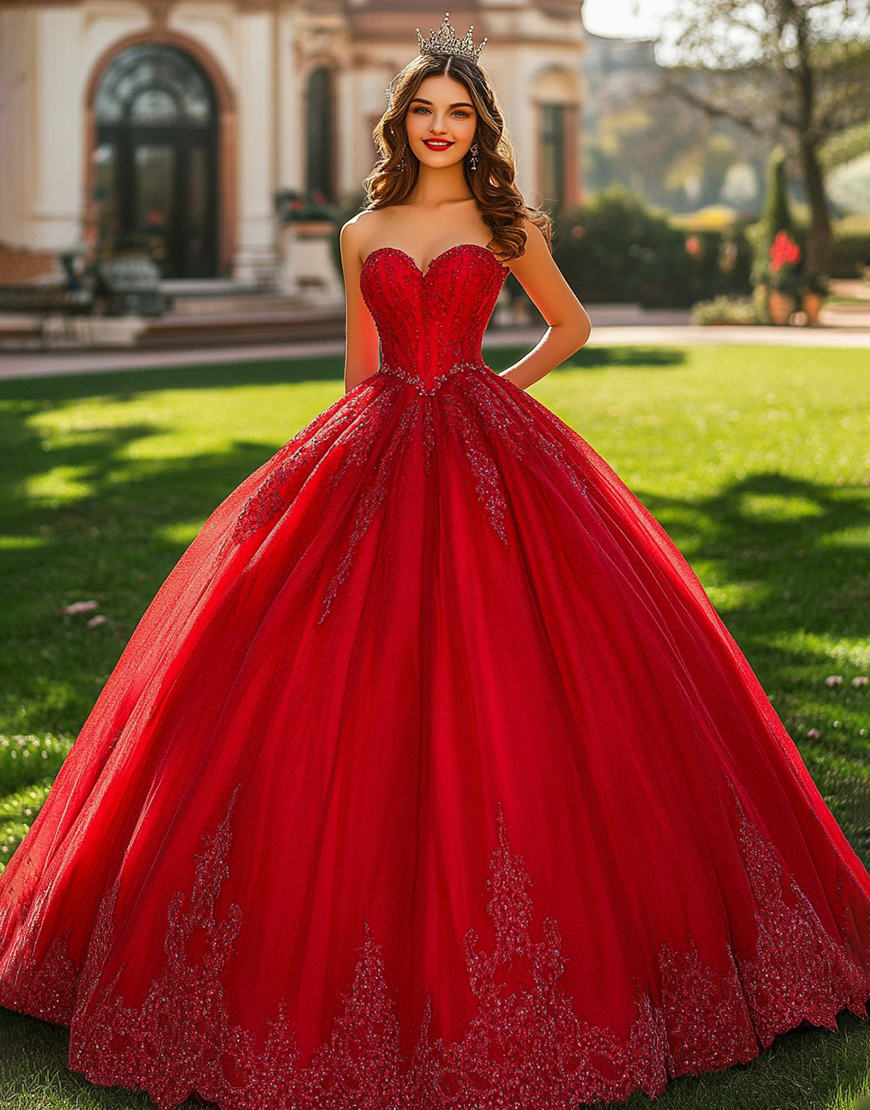 Glitter Red Ball Gown Sweetheart Princess Long Quinceanera Dress